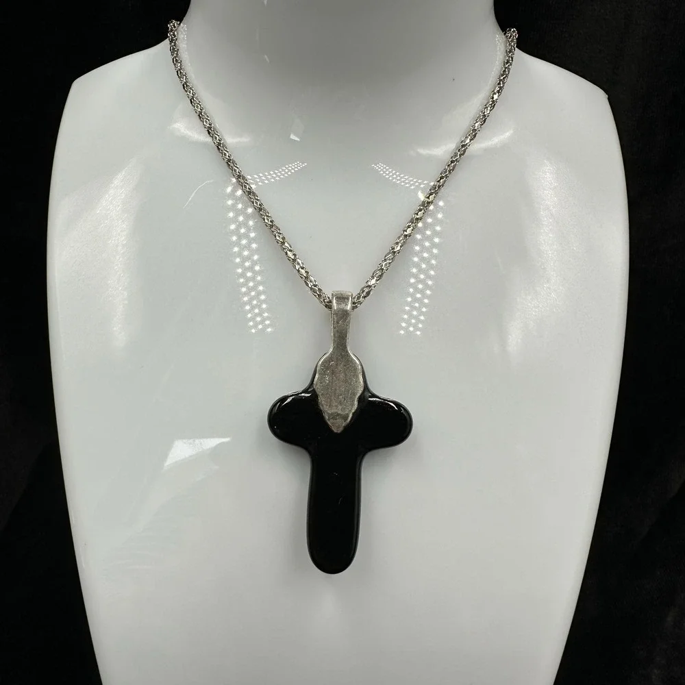 Dichroic Art Glass Cross Pendant‎ Necklace Iridescent Black Gold Teal Christian